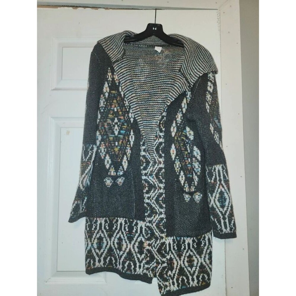 Aztec Hooded Cardigan Sweater Women sm/med Black Multicolor Duster Boho Knit